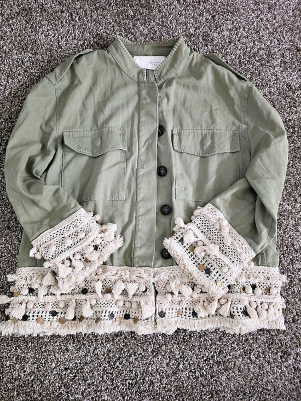 Zara Woman Utility Jacket with Lace Trim in Green & White Size Medium